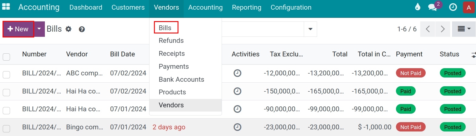 Create a Vendor bill in the Viindoo accounting app