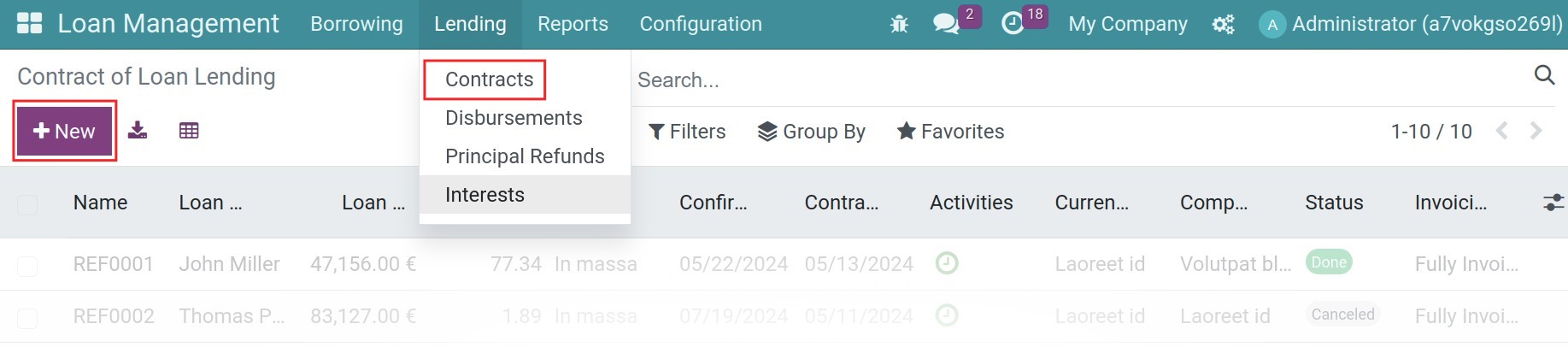 Create a lending contract in Viindoo