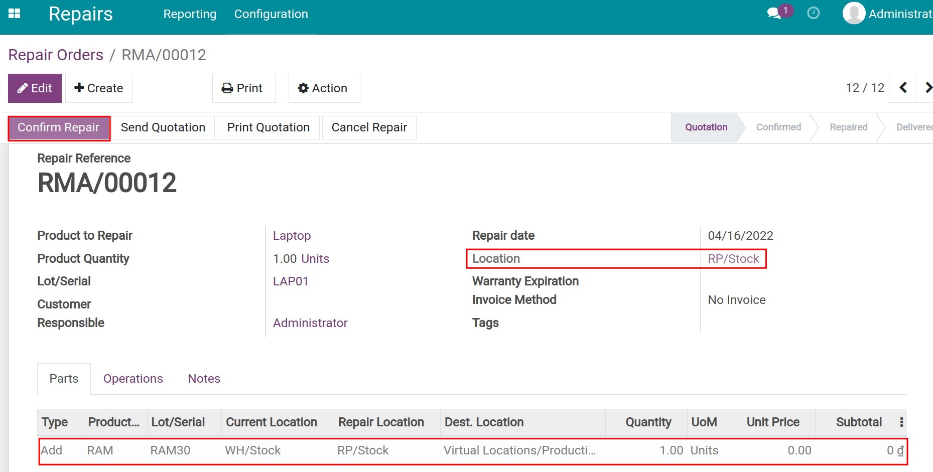 Create an internal repair order