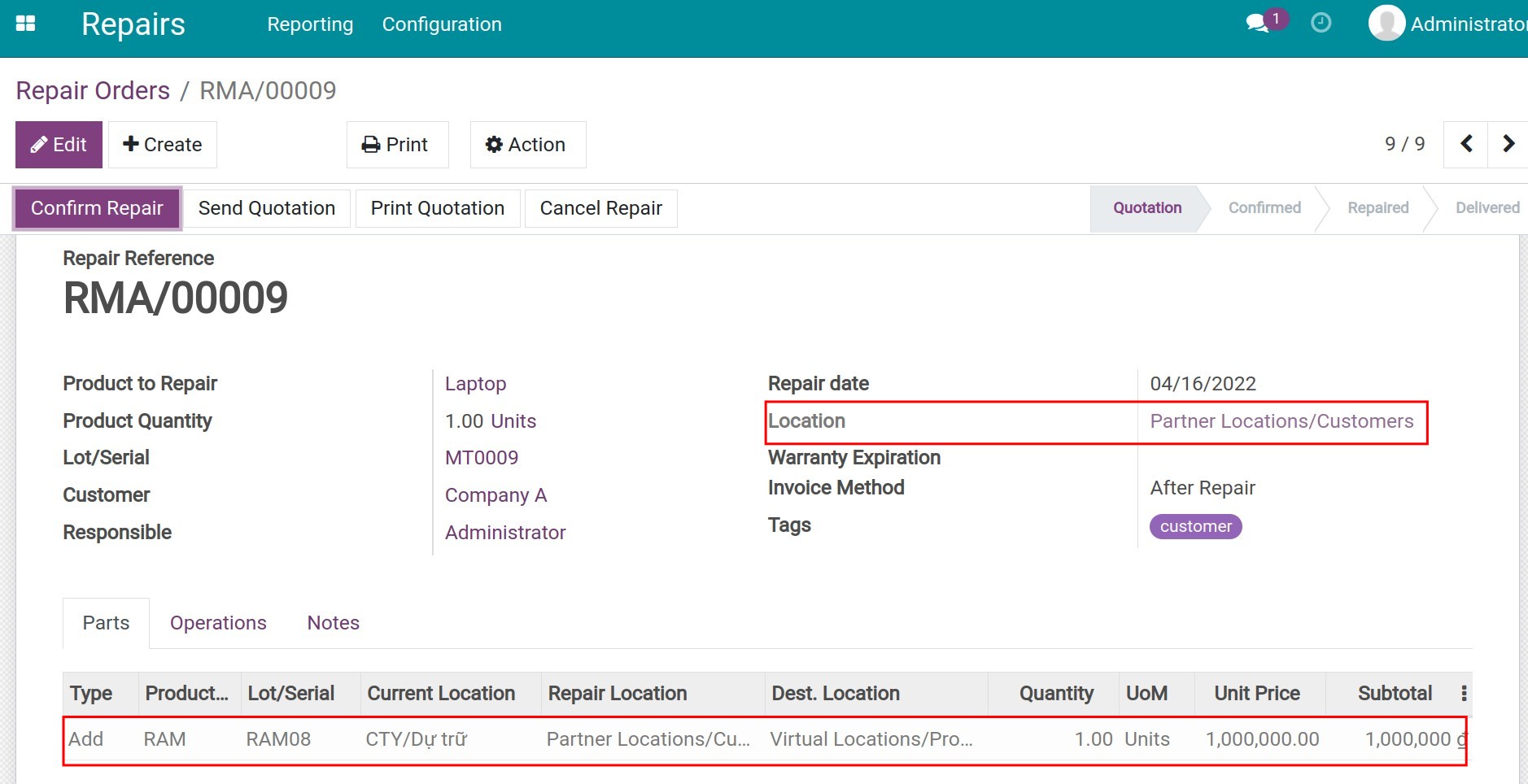 Create repair order for the customer location.