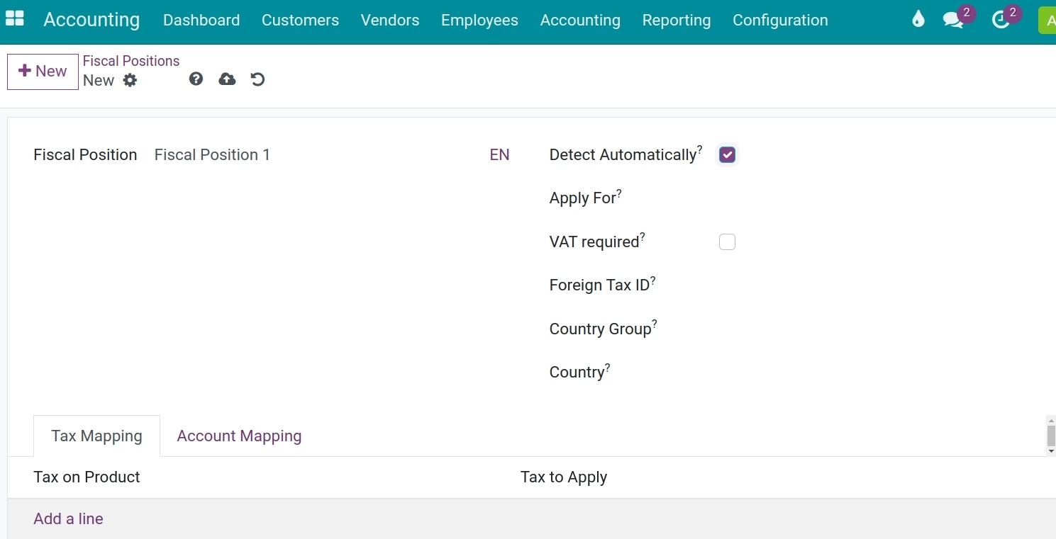 Create a new fiscal position in the Viindoo Accounting app