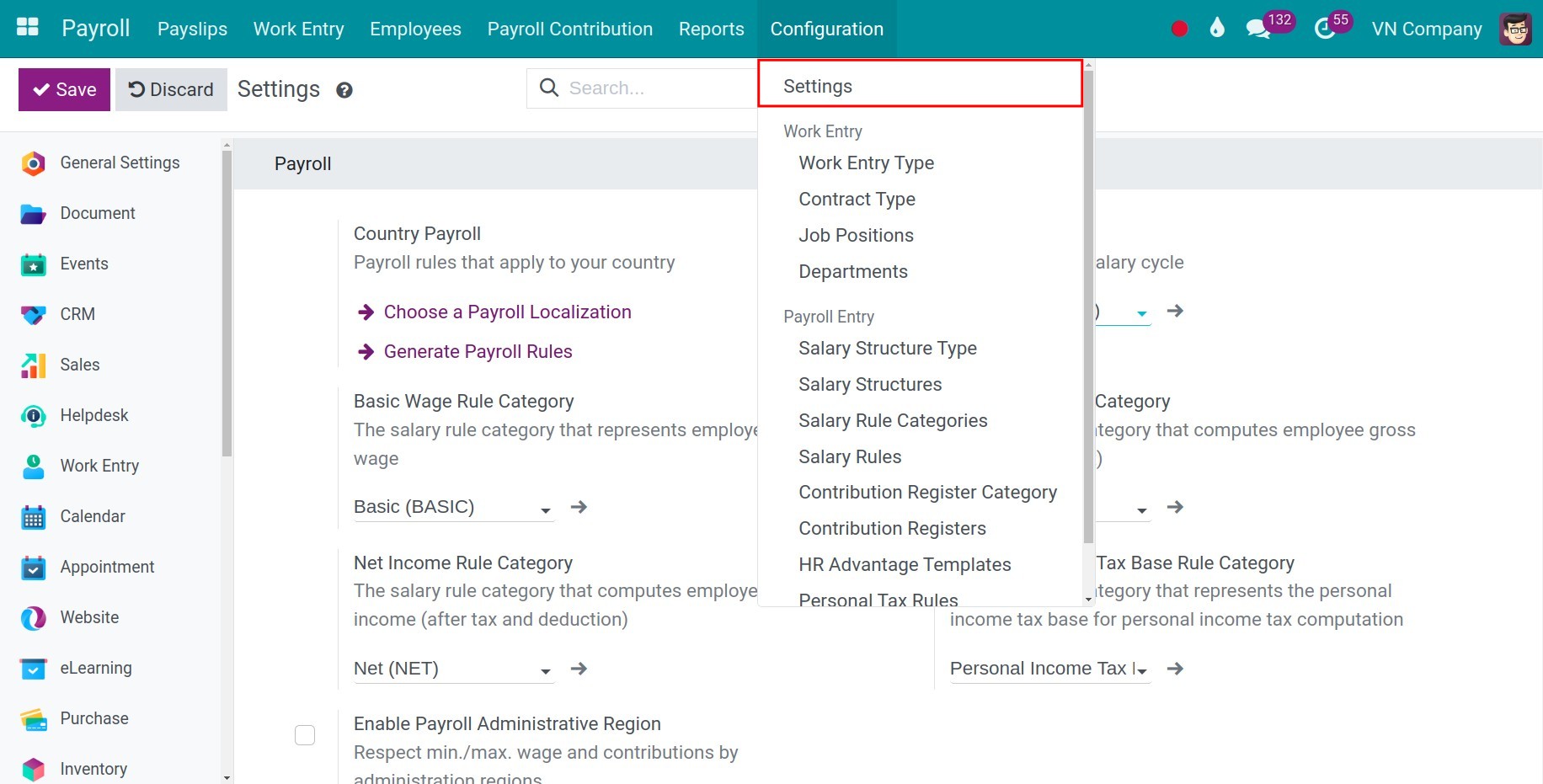 General settings - Viindoo payroll accounting