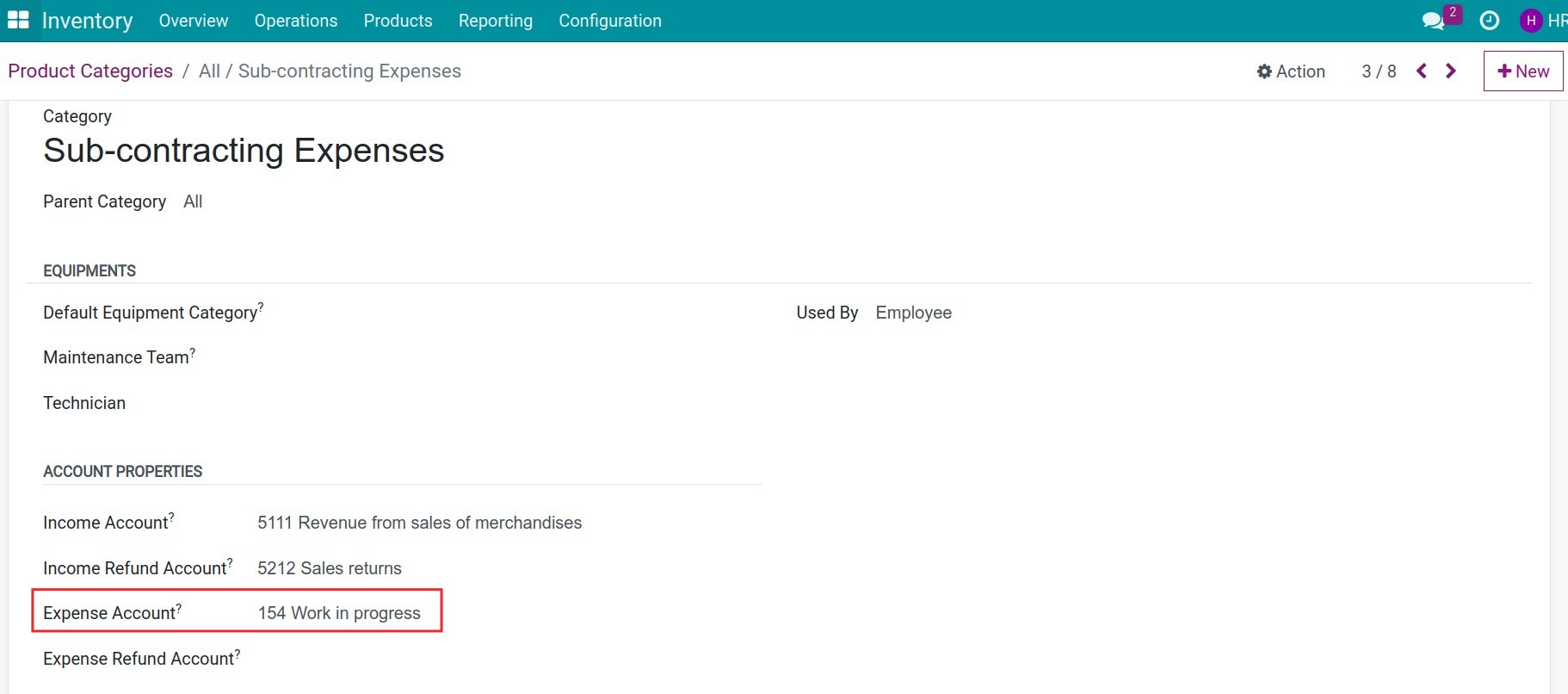Configure accounting account on sub-contracting expense product categories