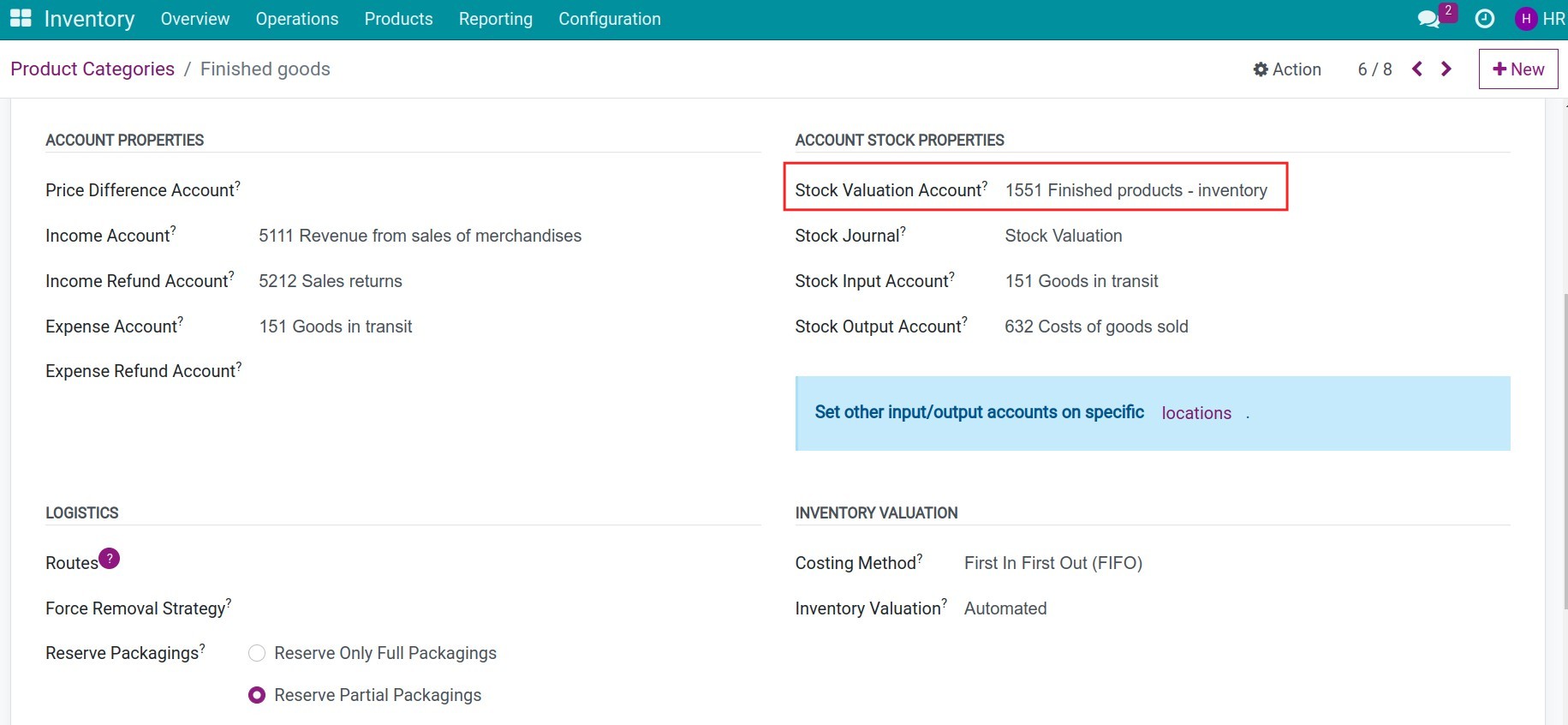 Configure accounting account on Finished product categories