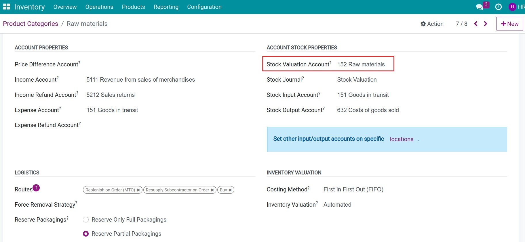 Configure accounting account on Raw materials product categories