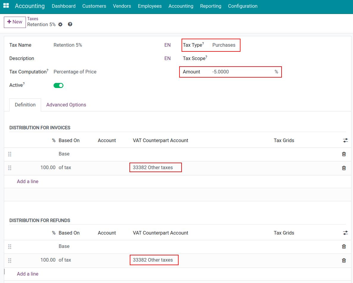 Configure retention tax in Viindoo