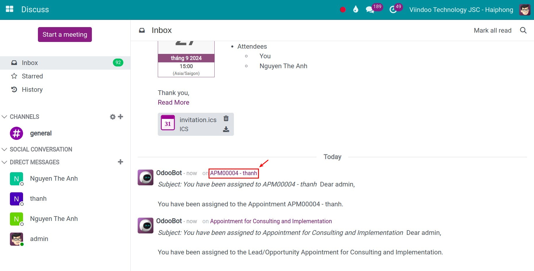 Appointment notifications on the Discuss interface