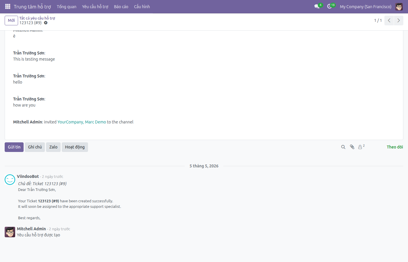 Helpdesk ticket form with Zalo button in chatter, next to Send Message and Notes buttons