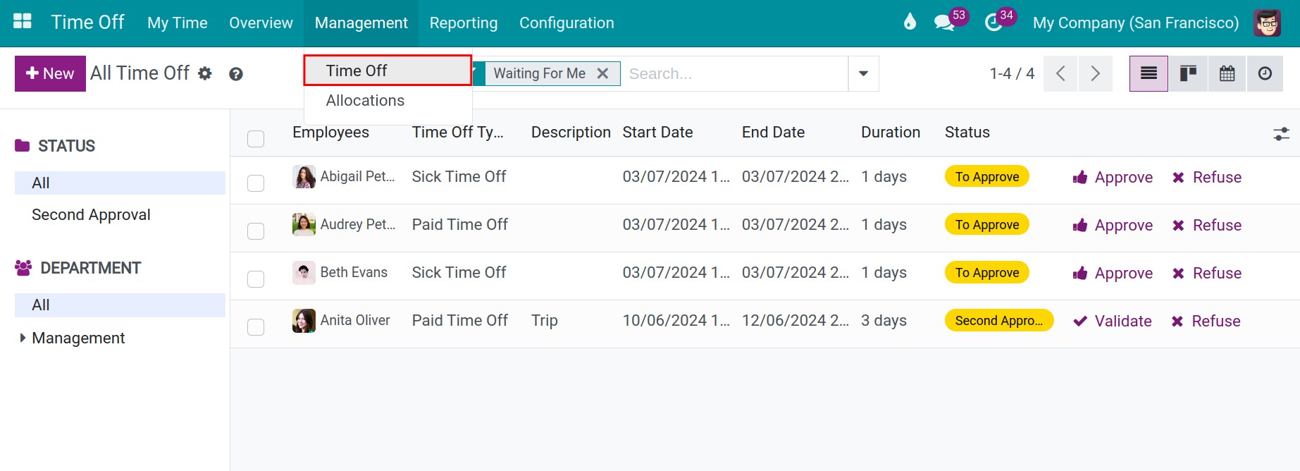 Access the time off list in Viindoo Time Off management app