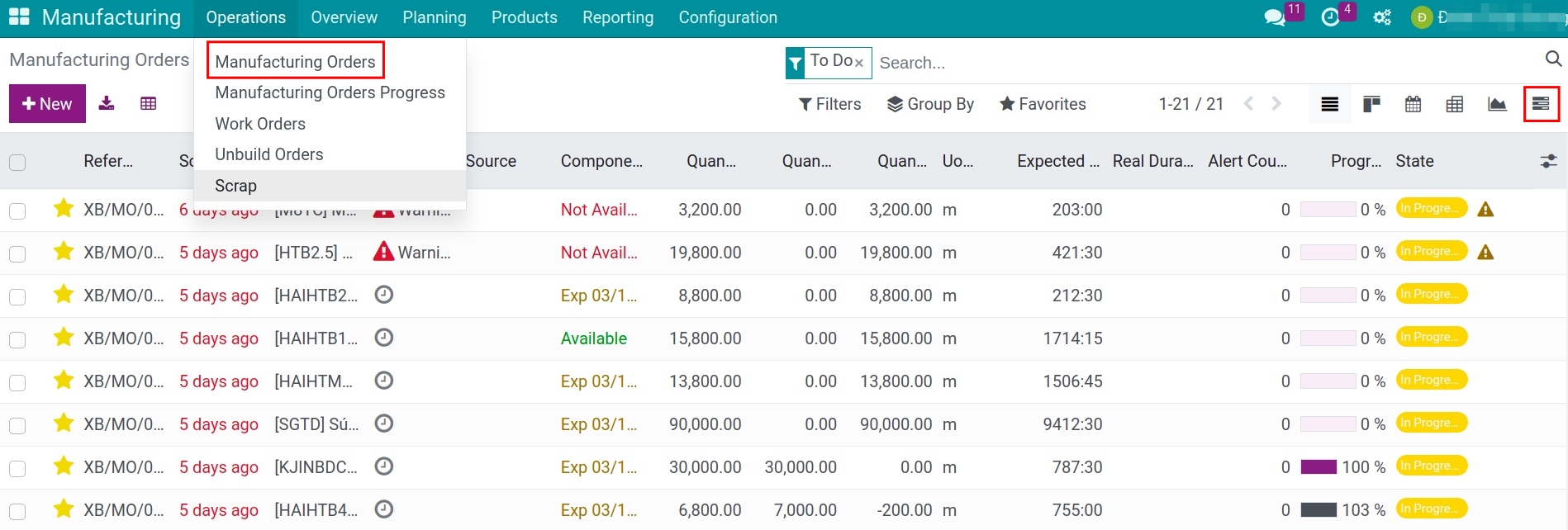 View Manufacturing Orders in Gantt chart