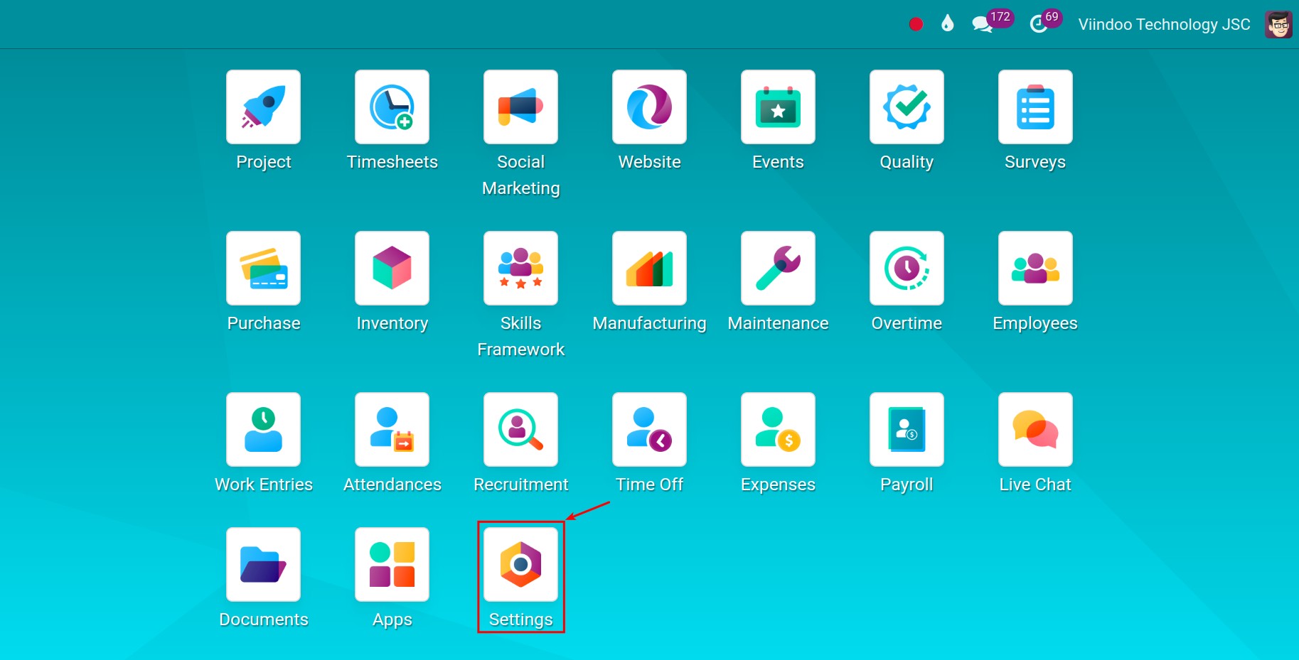 Navigate to the Settings app in Viindoo