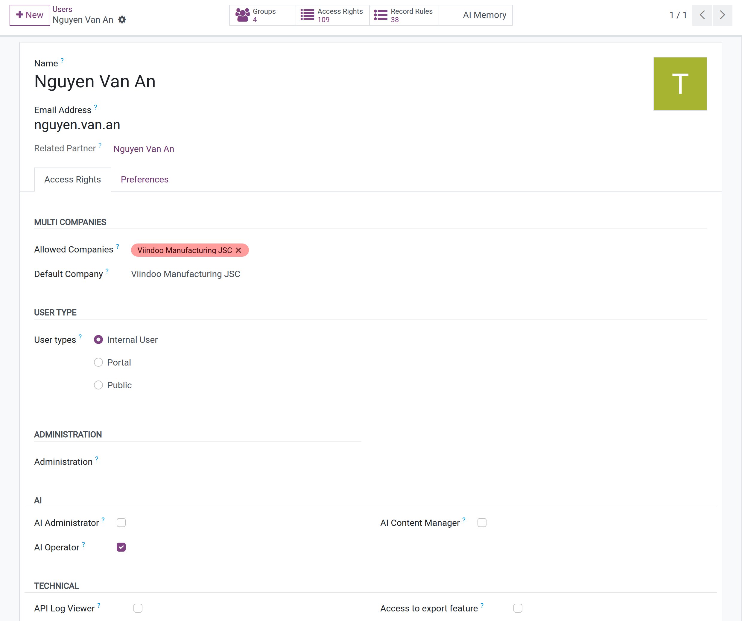 Access Rights tab of a user with the AI section showing AI Administrator, AI Operator and AI Content Manager, and API Log Viewer in the Technical section