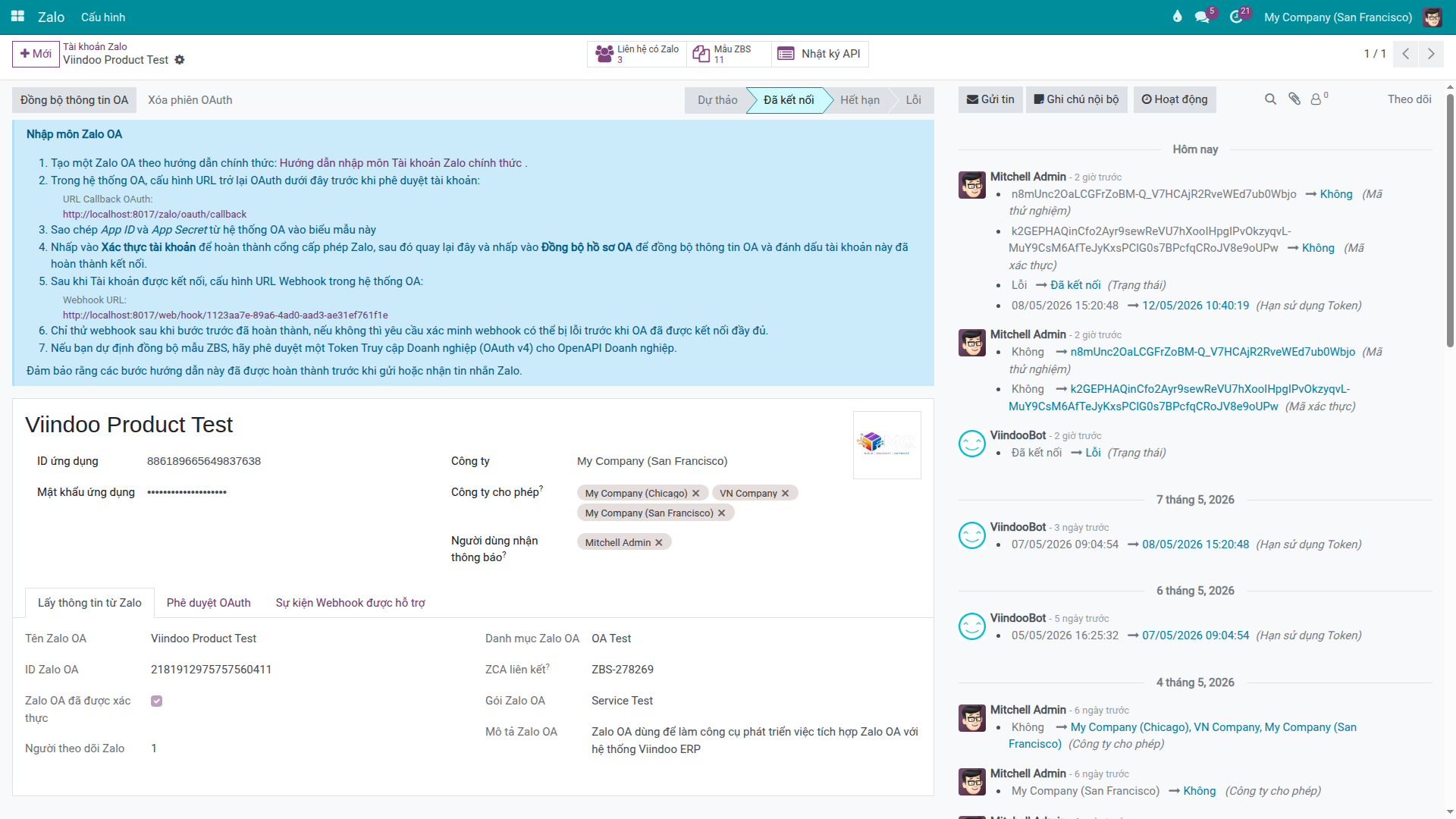 Zalo OA account with stat buttons — Zalo Partners, ZBS Templates, API Logs