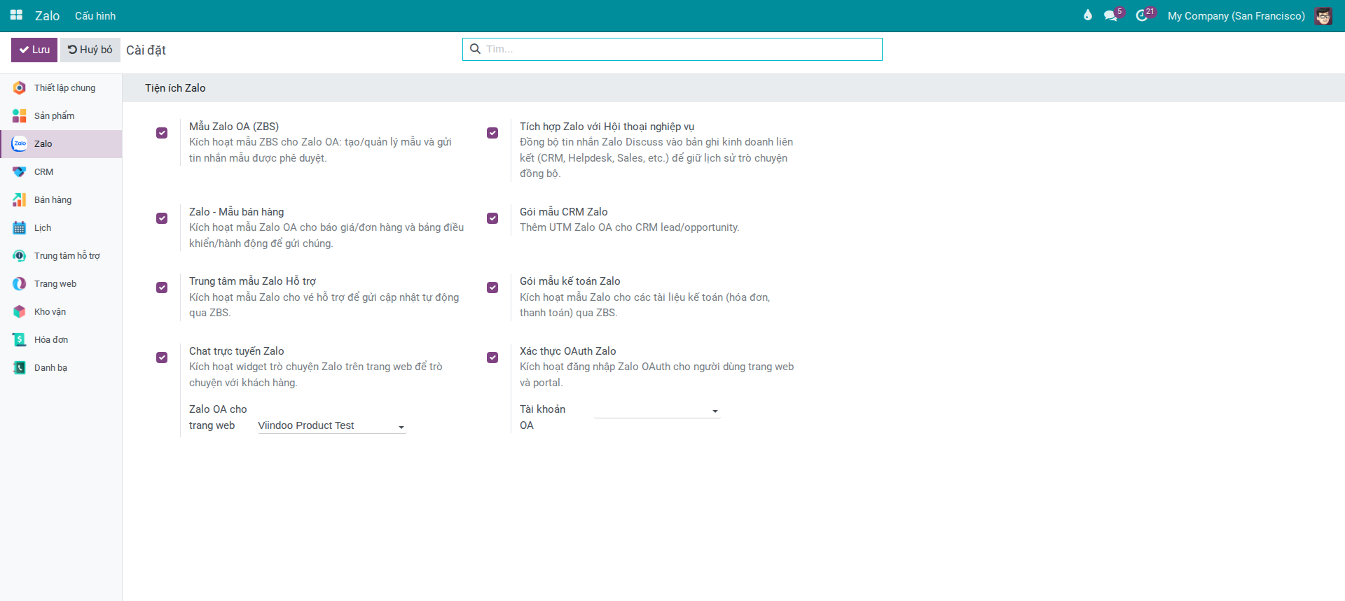 Zalo settings — Zalo Extensions section showing Zalo Website Livechat enabled with OA field for website