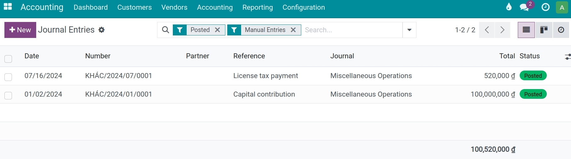 Journal entries list in Viindoo Accounting