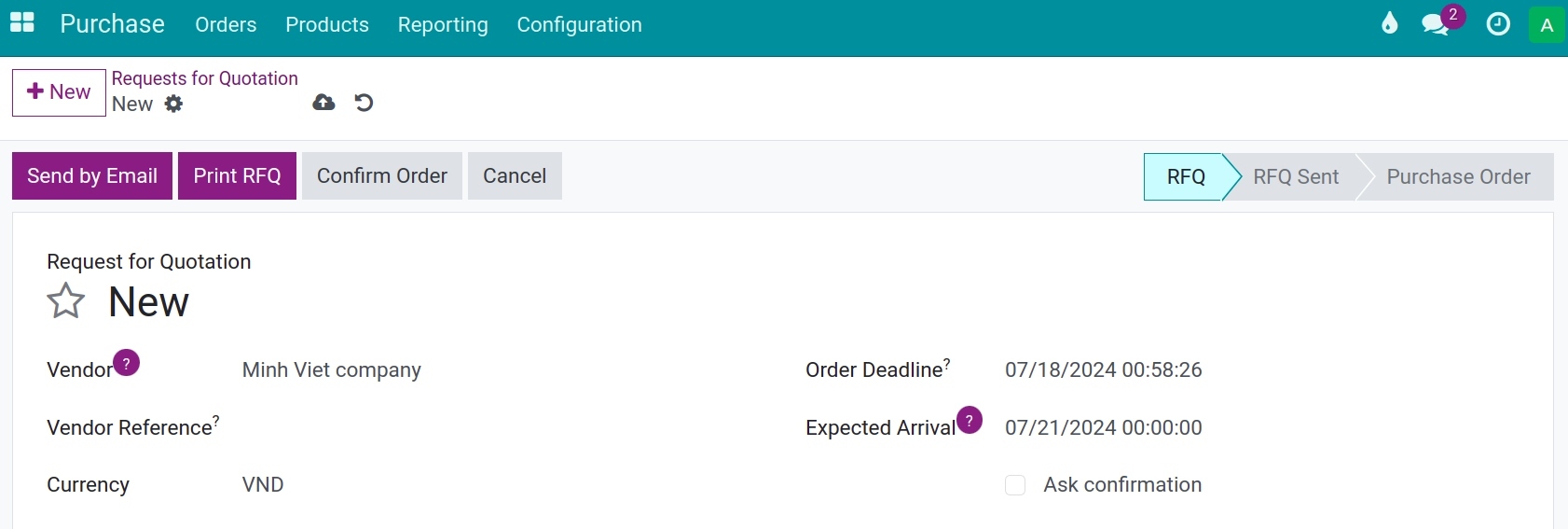 Enter information Quotation form Purchase app ERP Viindoo