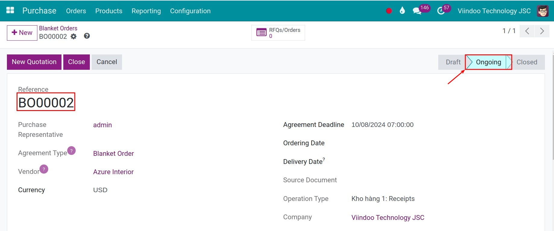 The Purchase agreement view in Viindoo