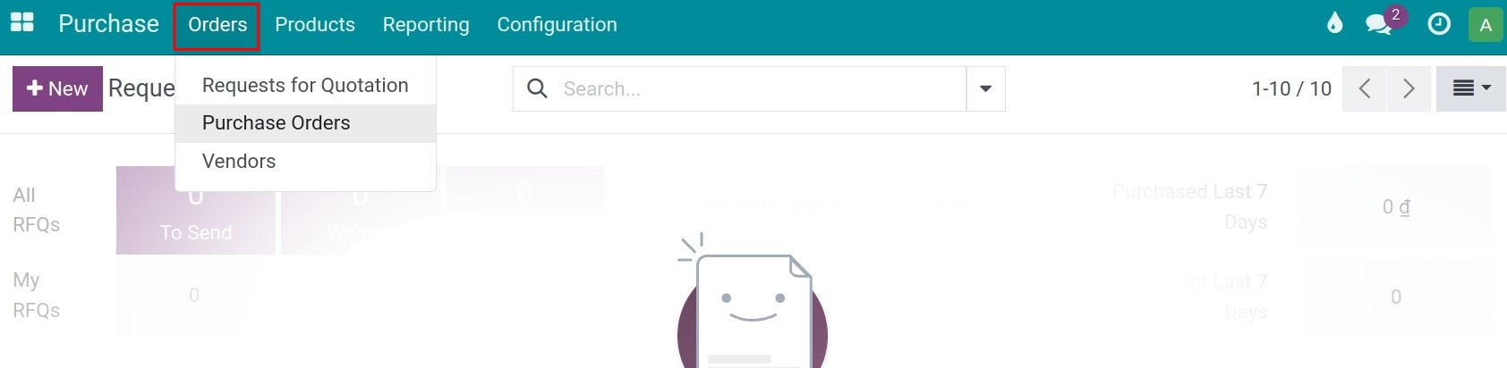 General view of menus Purchase app ERP Viindoo