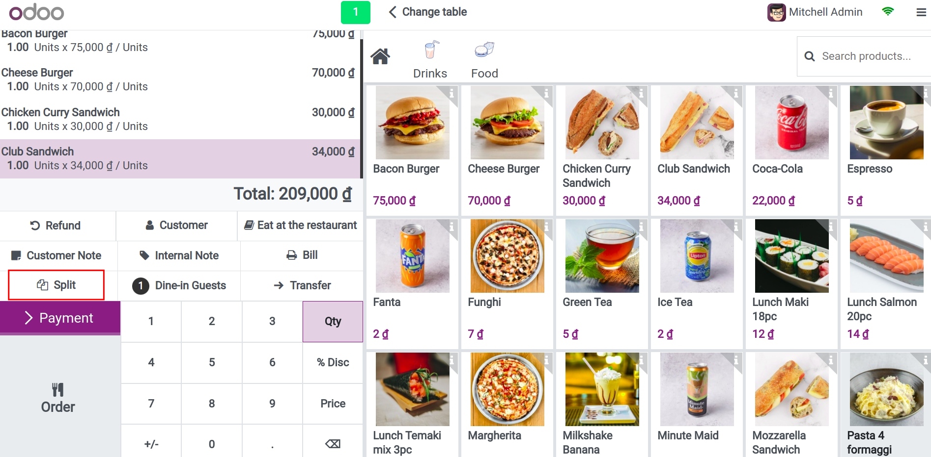 steps to split bills in viindoo pos