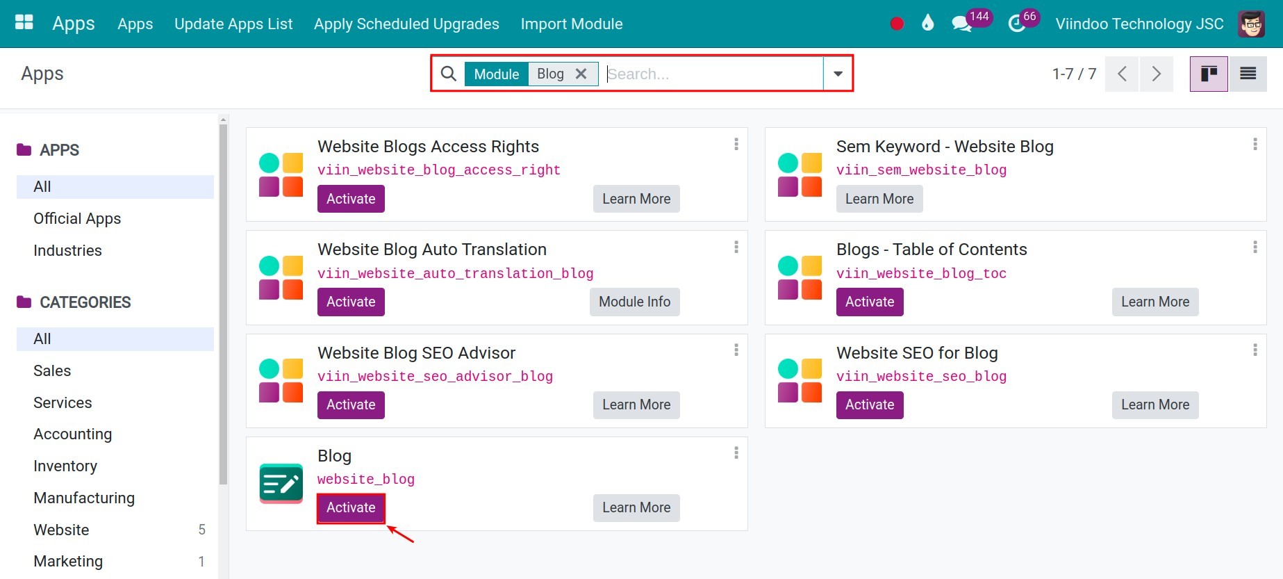 search Blogs module in Viindoo