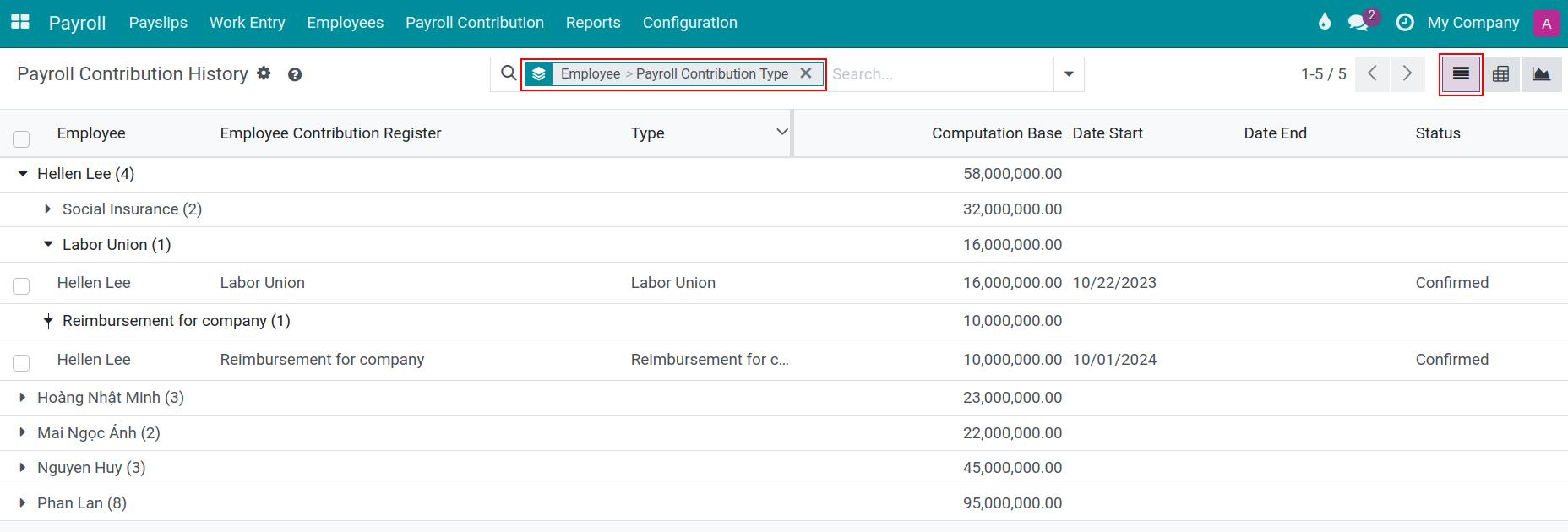 Payroll contribution history in list view - Viindoo payroll app