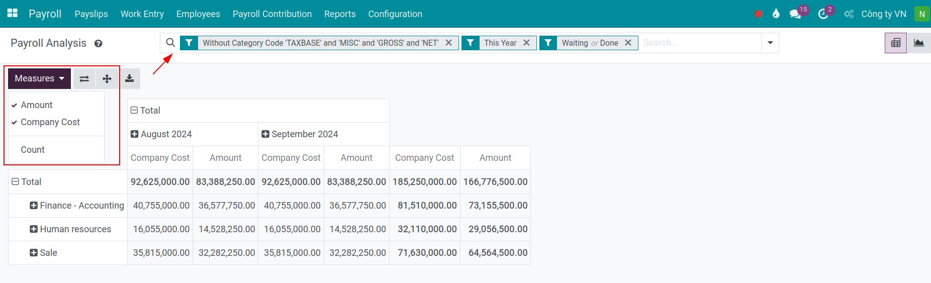 Payroll analysis in the form of pivot - Viindoo Payroll app