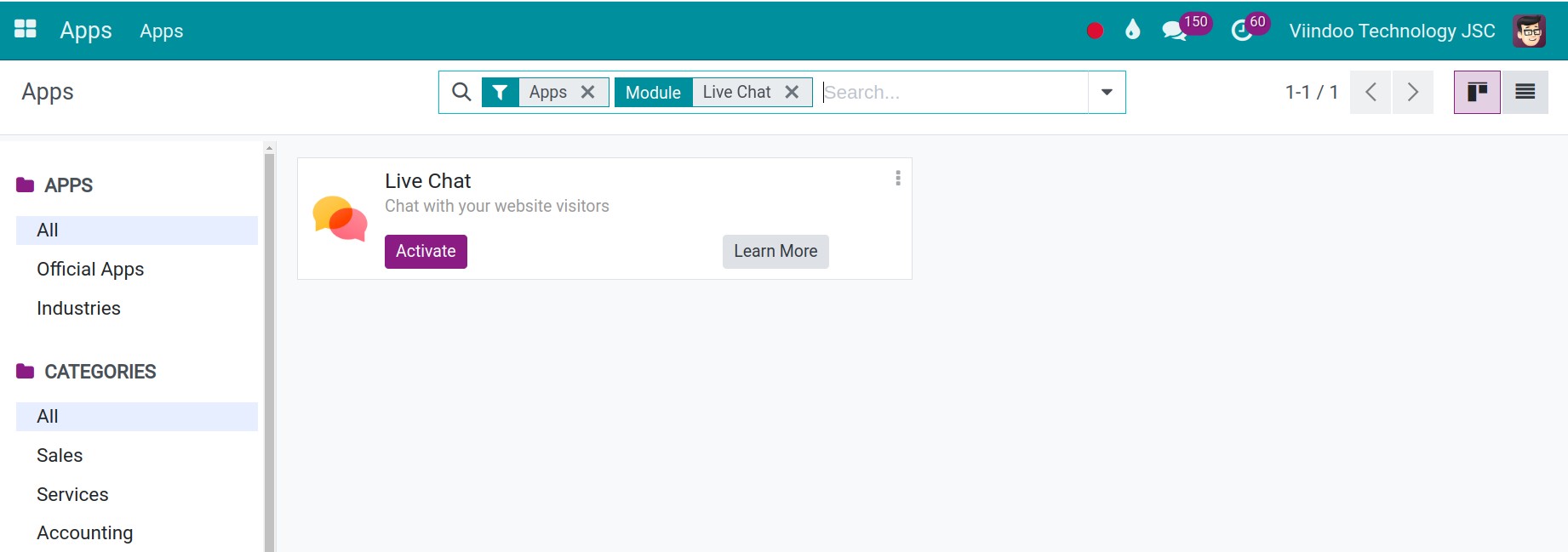Installing Live Chat application in Viindoo