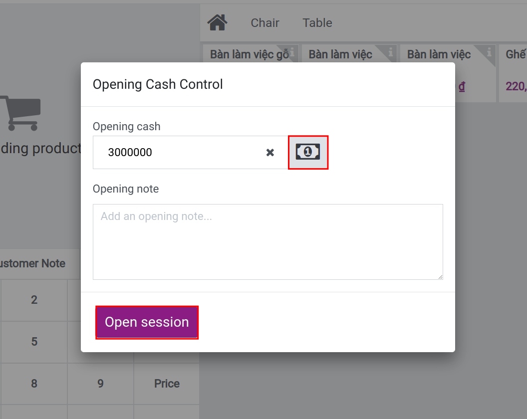 Set up a cash opening amount