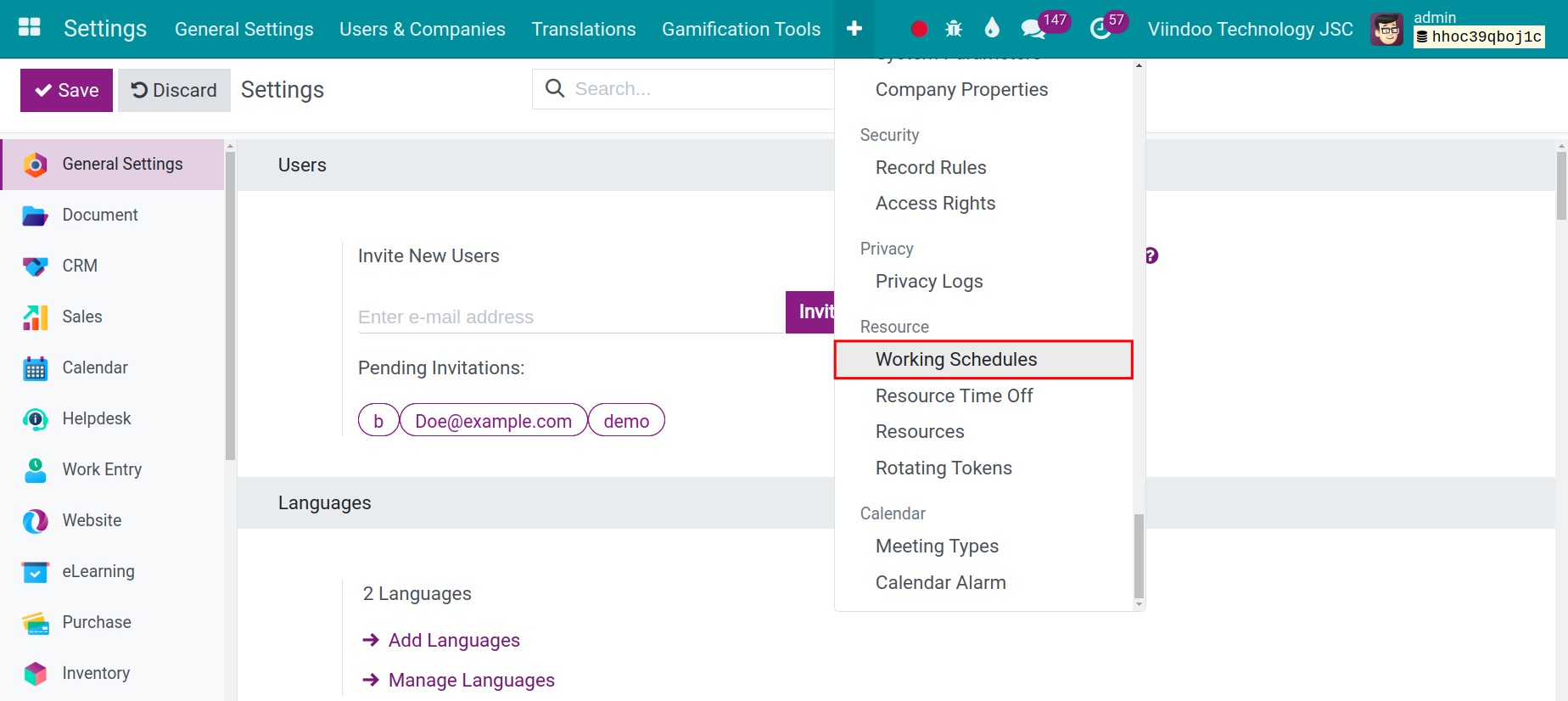 Viindoo interface of working times configuration