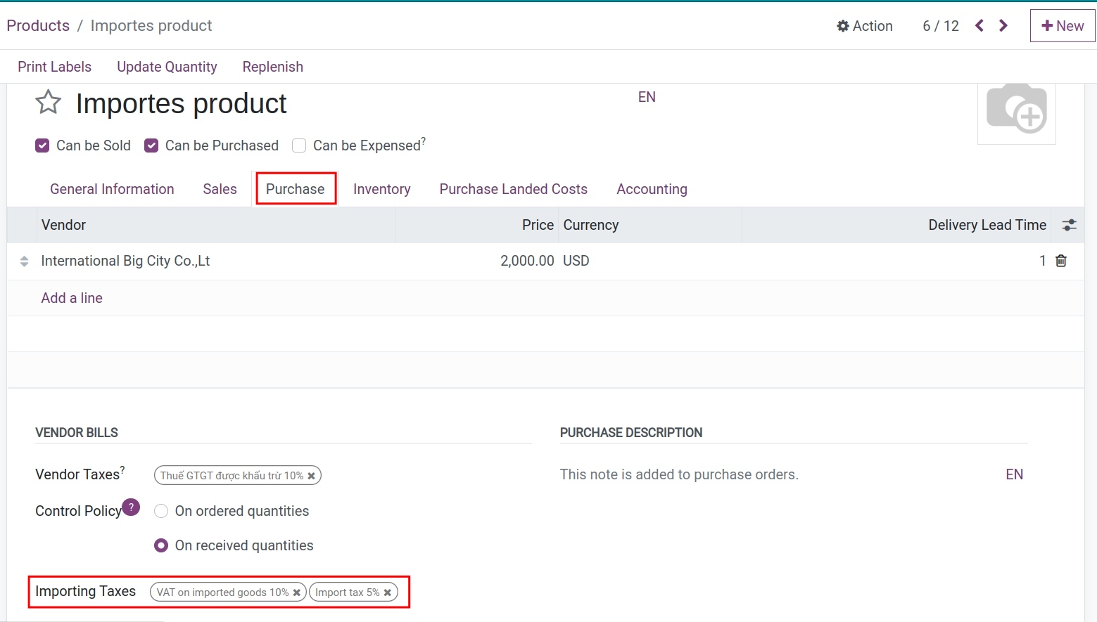 Configure default taxes on a product - Viindoo Foreign trade app