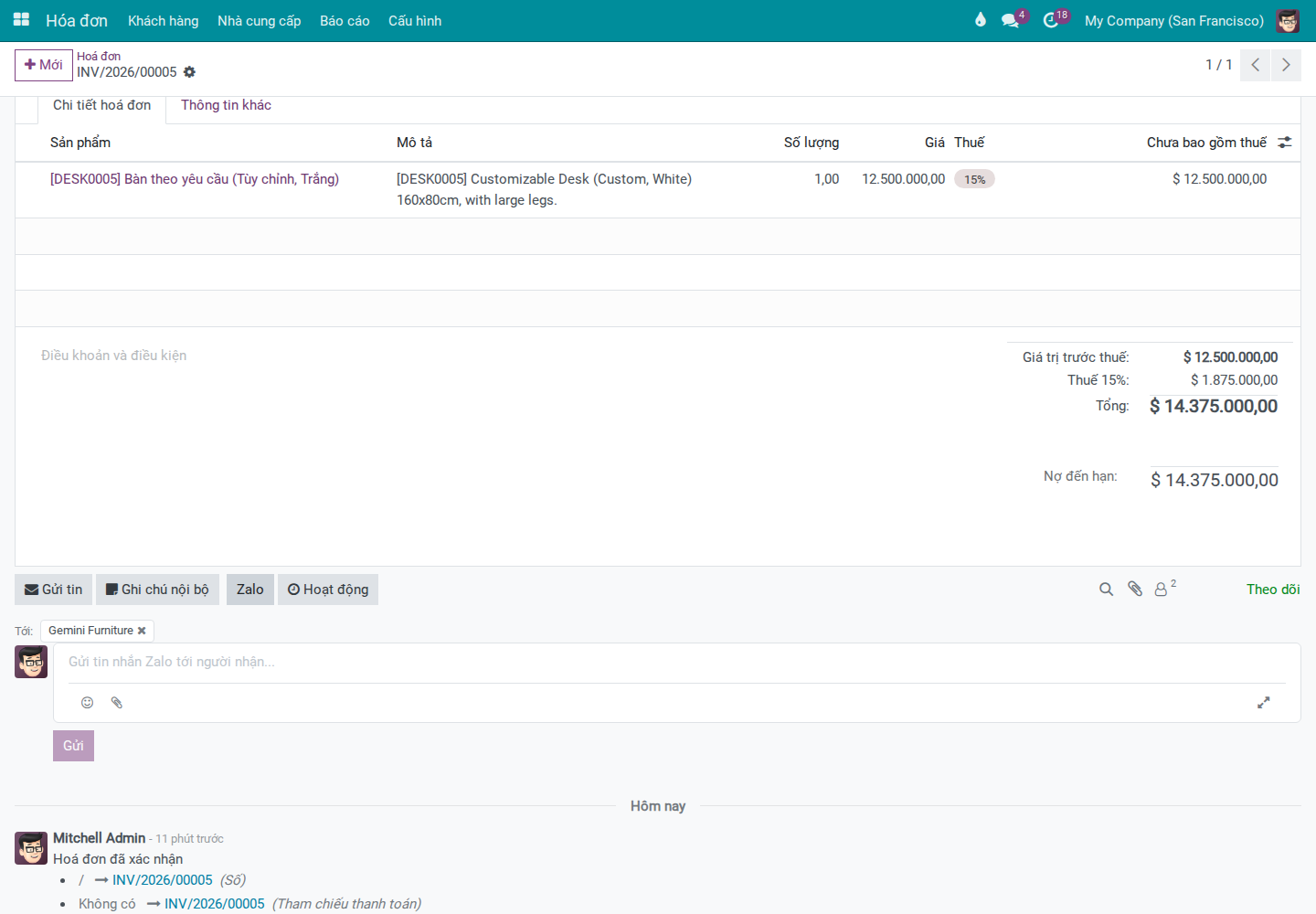 Invoice chatter after clicking Zalo, showing recipient field and Zalo message compose box