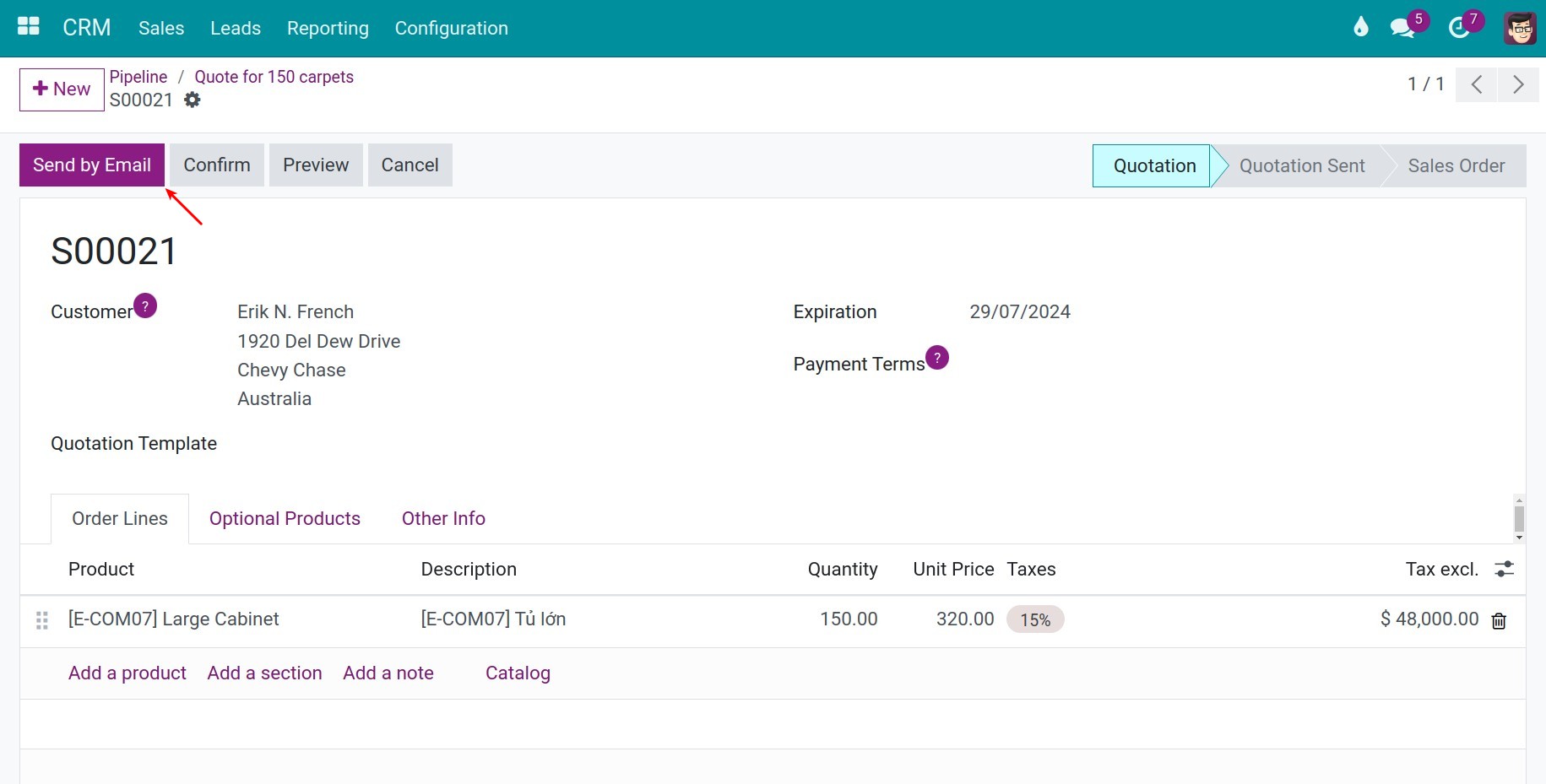 Quotation details in Viindoo CRM software