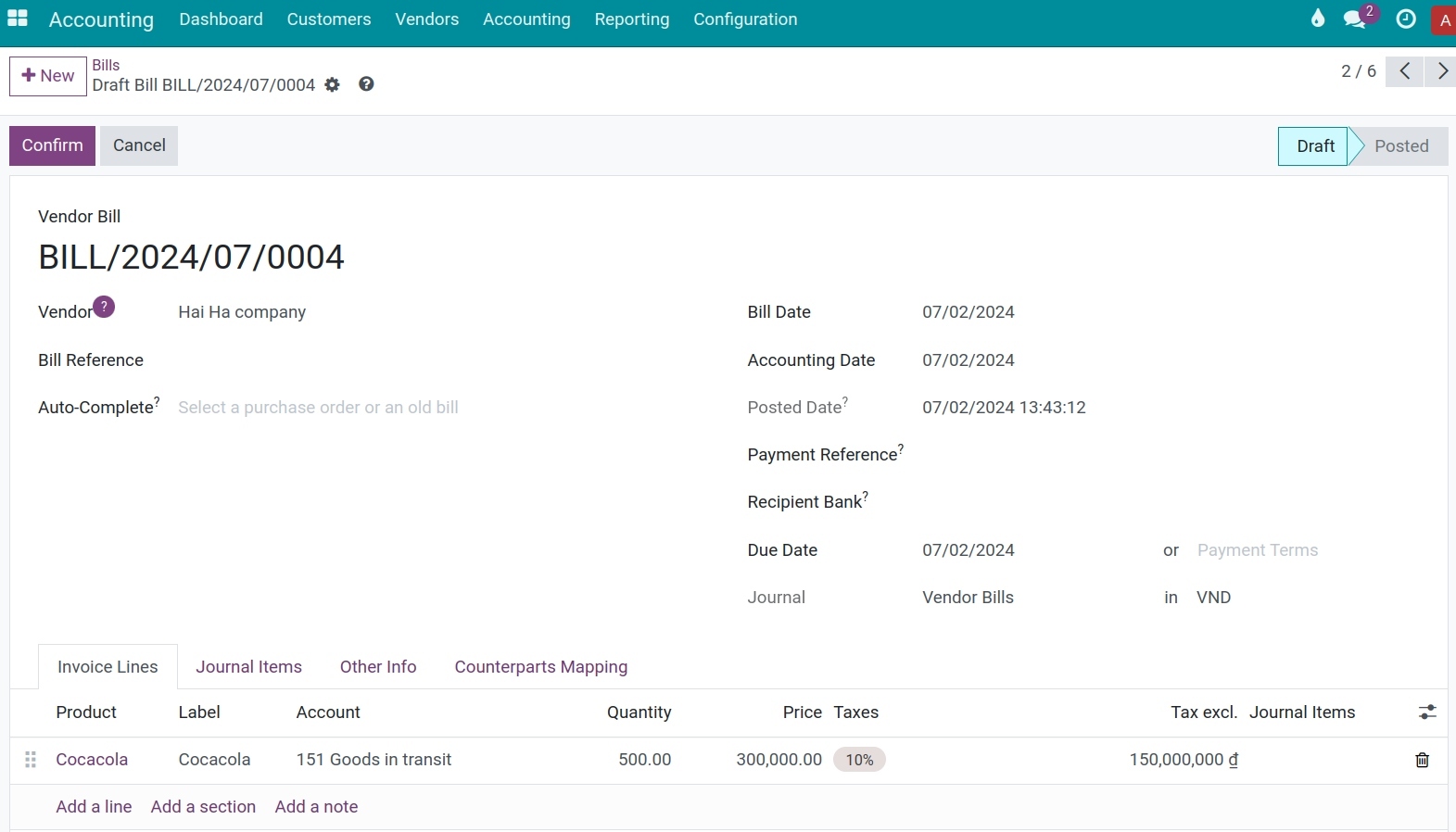 Vendor bill details - Viindoo accounting app