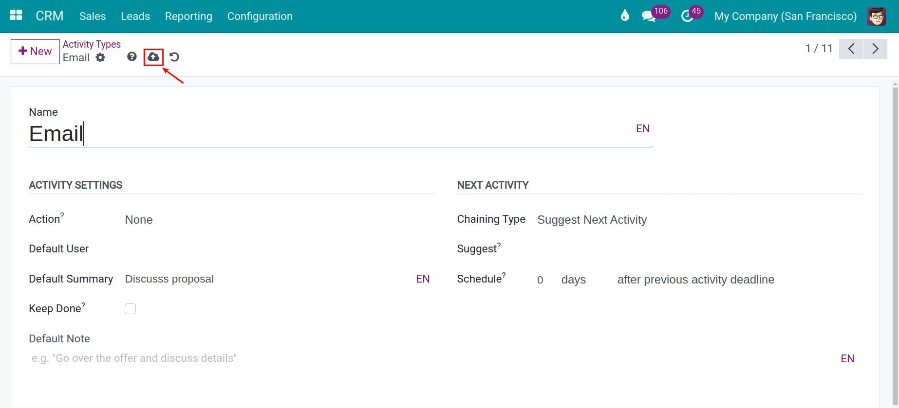 Config activity type crm Viindoo