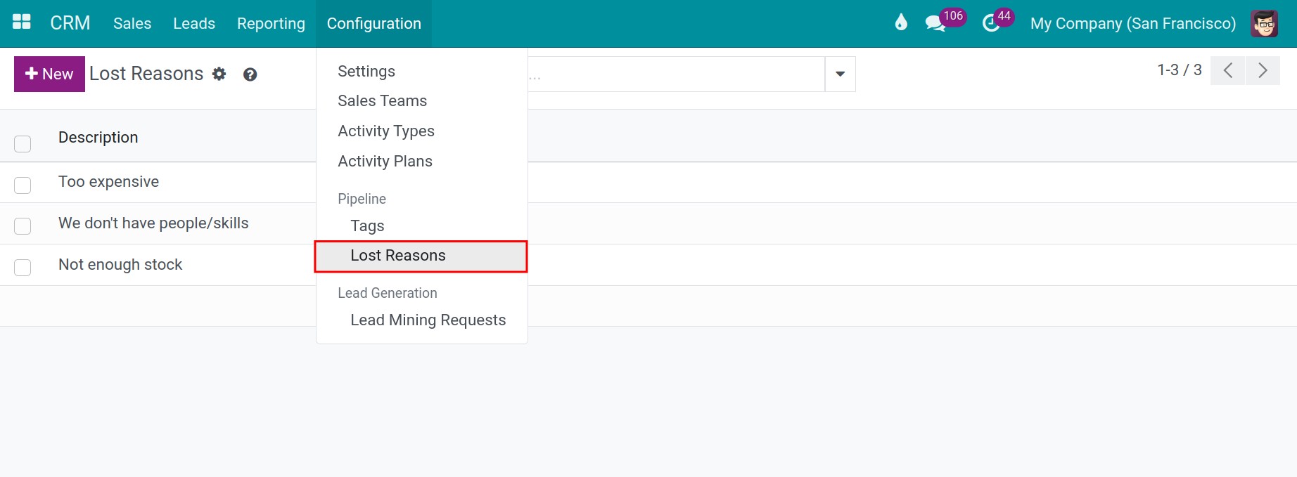 Configure lost reasons in Viindoo CRM software