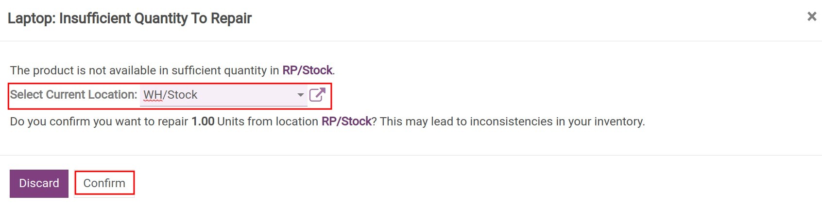Select the current location for the product to repair