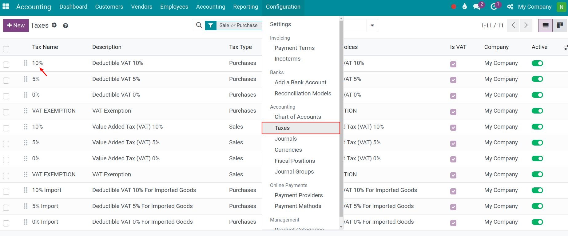 Select the taxes that needed to be modified