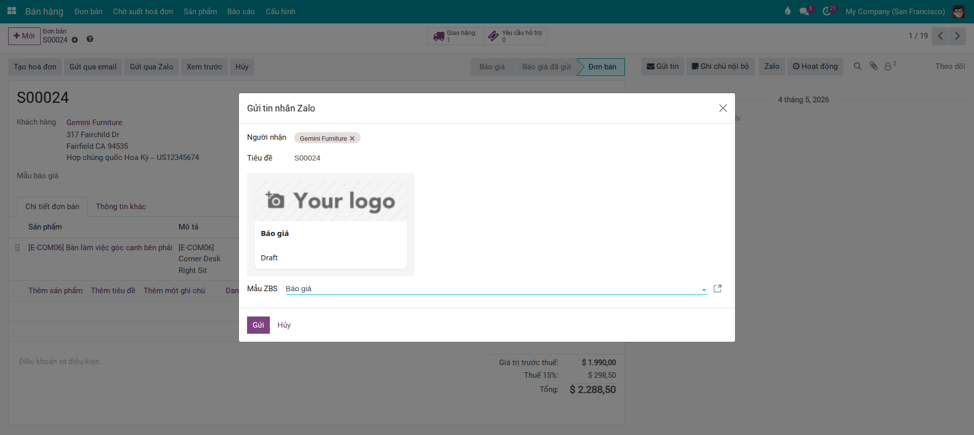 Send Zalo Message dialog from sales order S00024 showing Recipient auto-filled with Gemini Furniture, subject S00024, and selected ZBS Quote template with preview