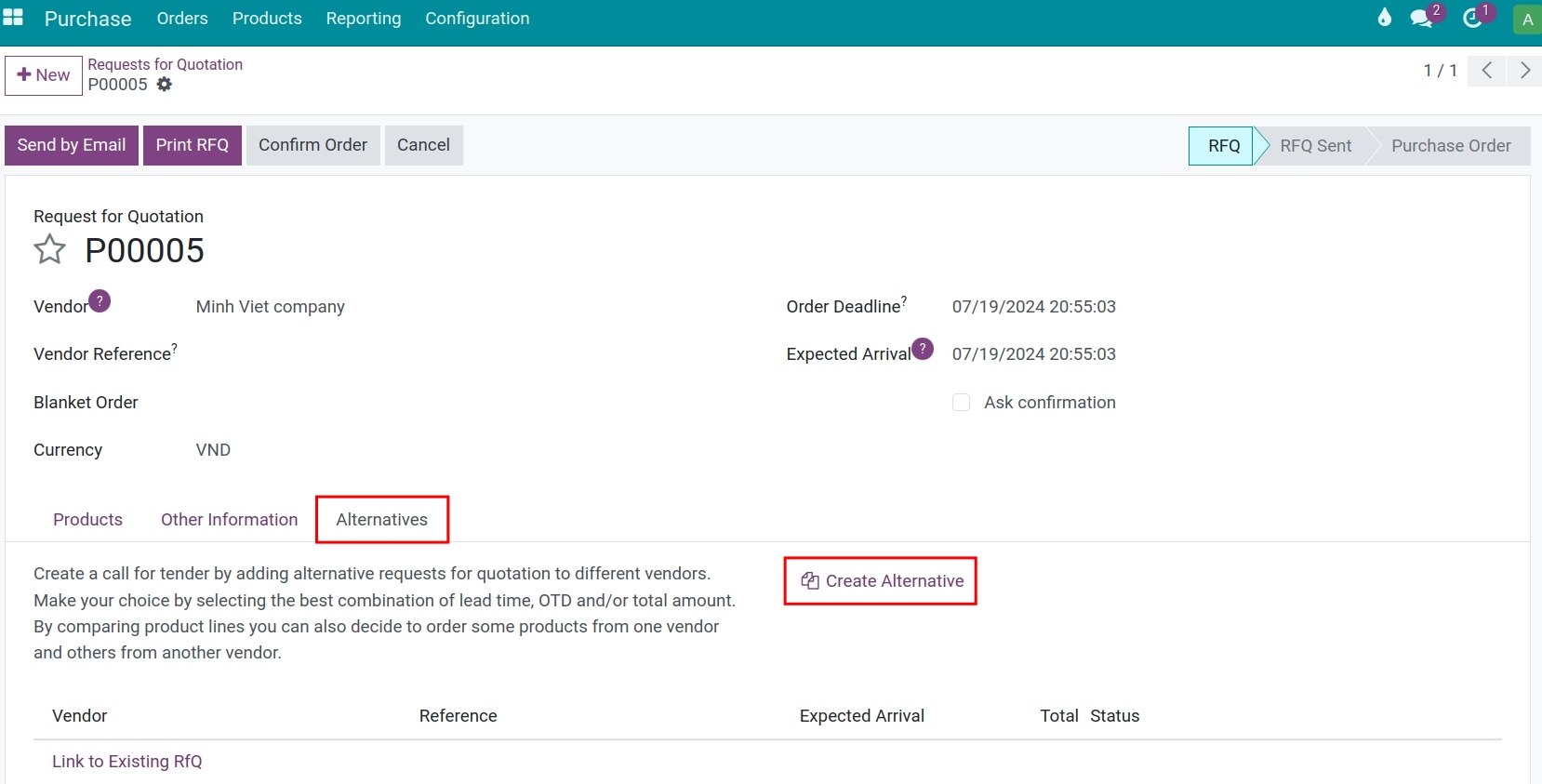 Create alternative Request for Quotation in Viindoo Purchase App
