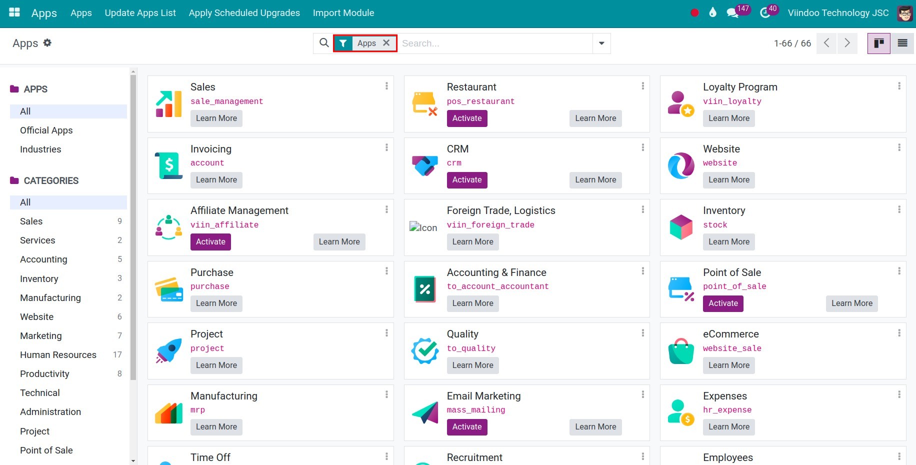List of apps in Viindoo