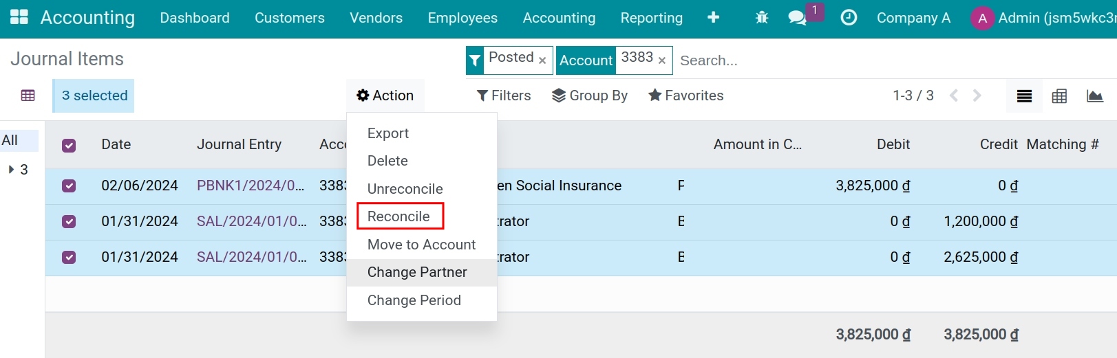 Reconcile insurance account - Viindoo accounting