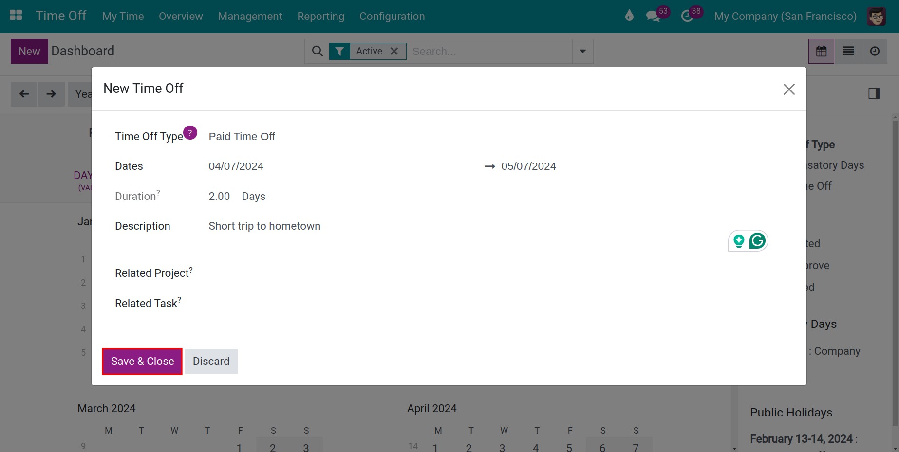 Fill in time off requests in Viindoo Time Off management application