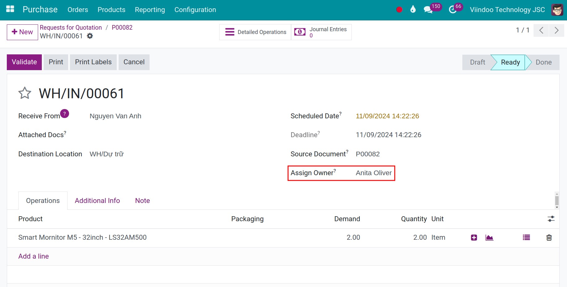 Assigning the owner of the consignment product in Viindoo