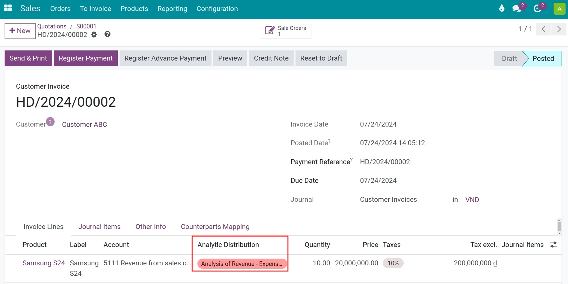 Add analytic account to track revenue - Viindoo Accounting app
