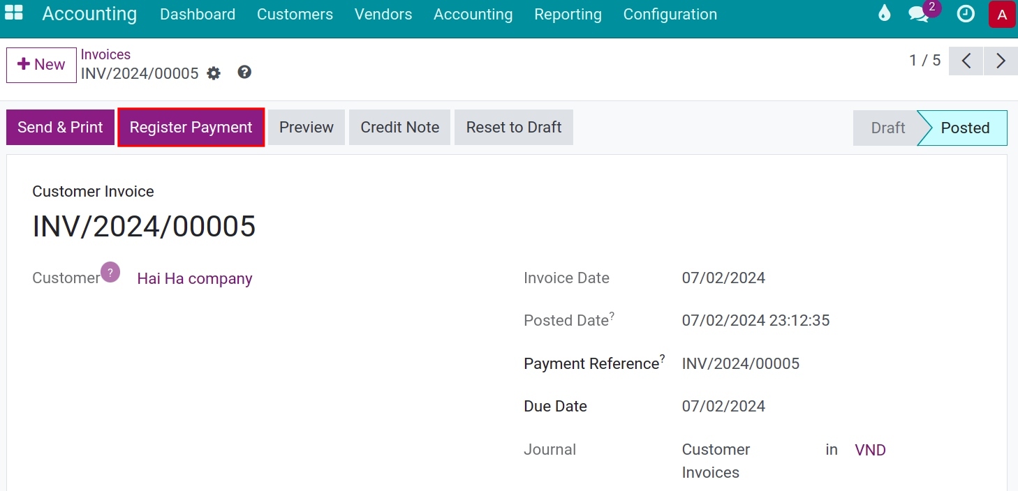 Register payment on invoice - Viindoo Accounting