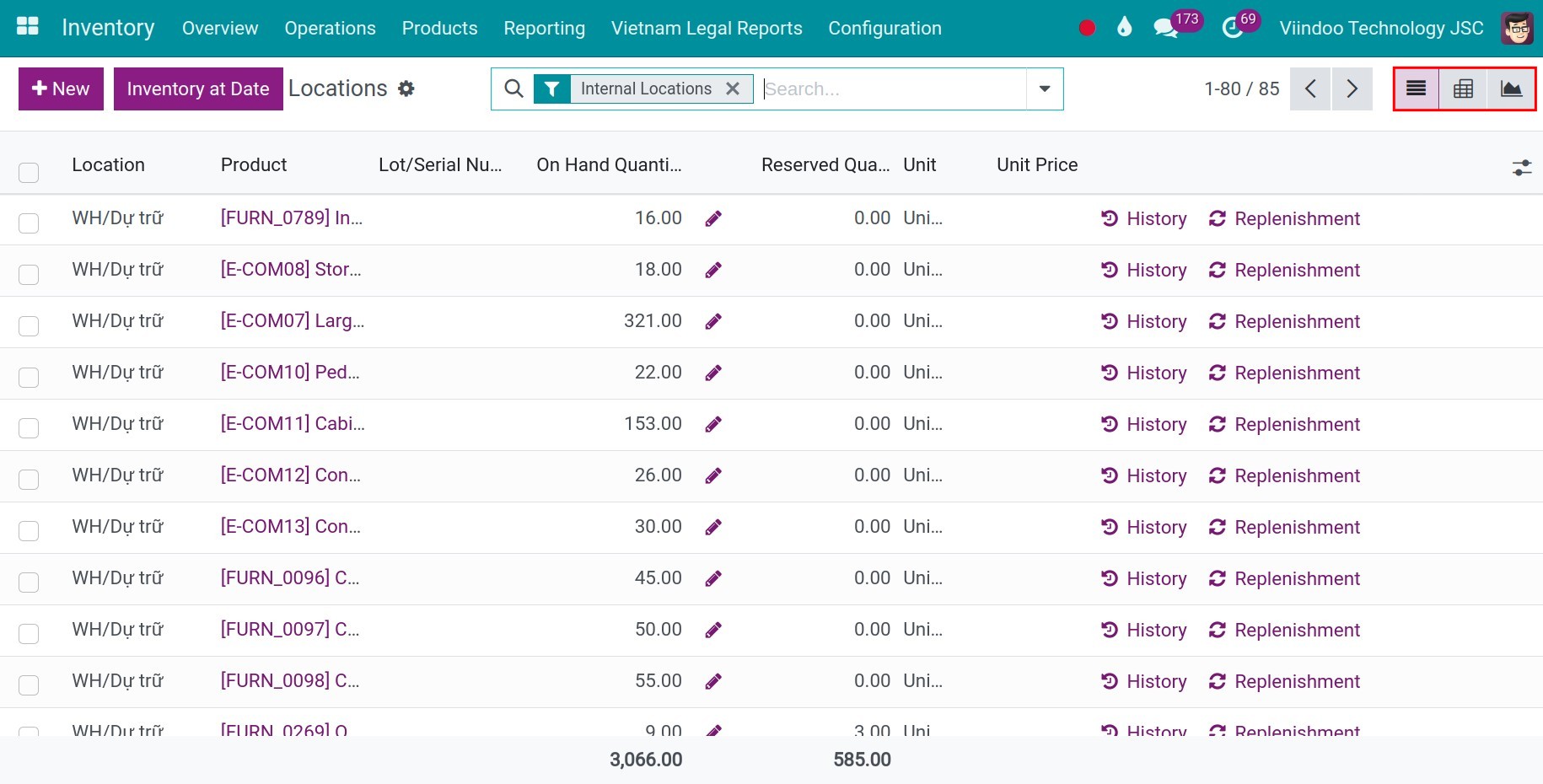 3 view types in Viindoo Inventory Report form.