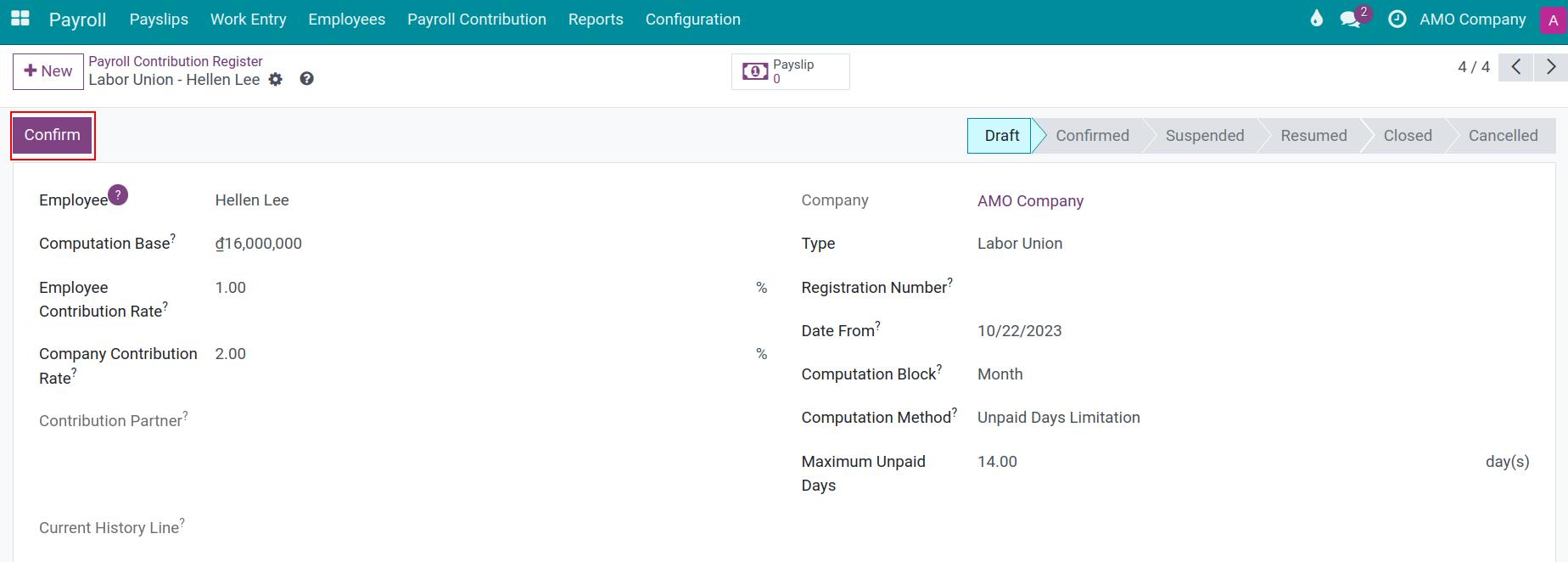 Labor union payroll contribution register view