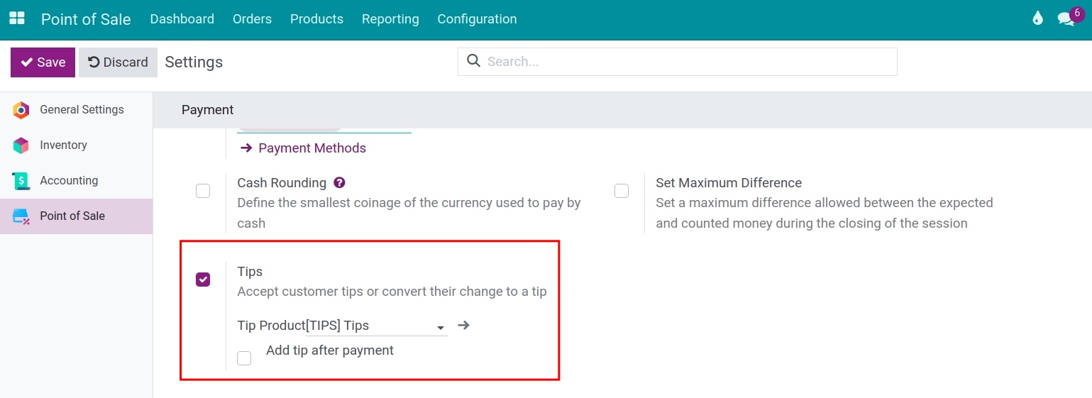 Access into Viindoo POS to activate adding tips feature
