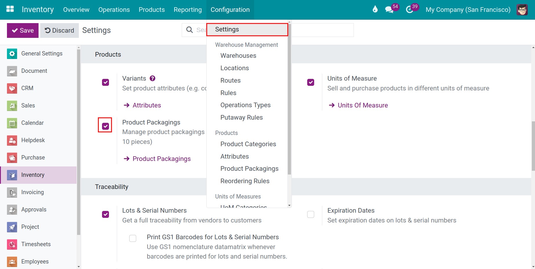 Activating Product Packagings feature in Viindoo Stock Management module
