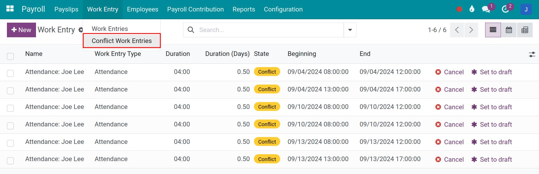 List of conflict work entries